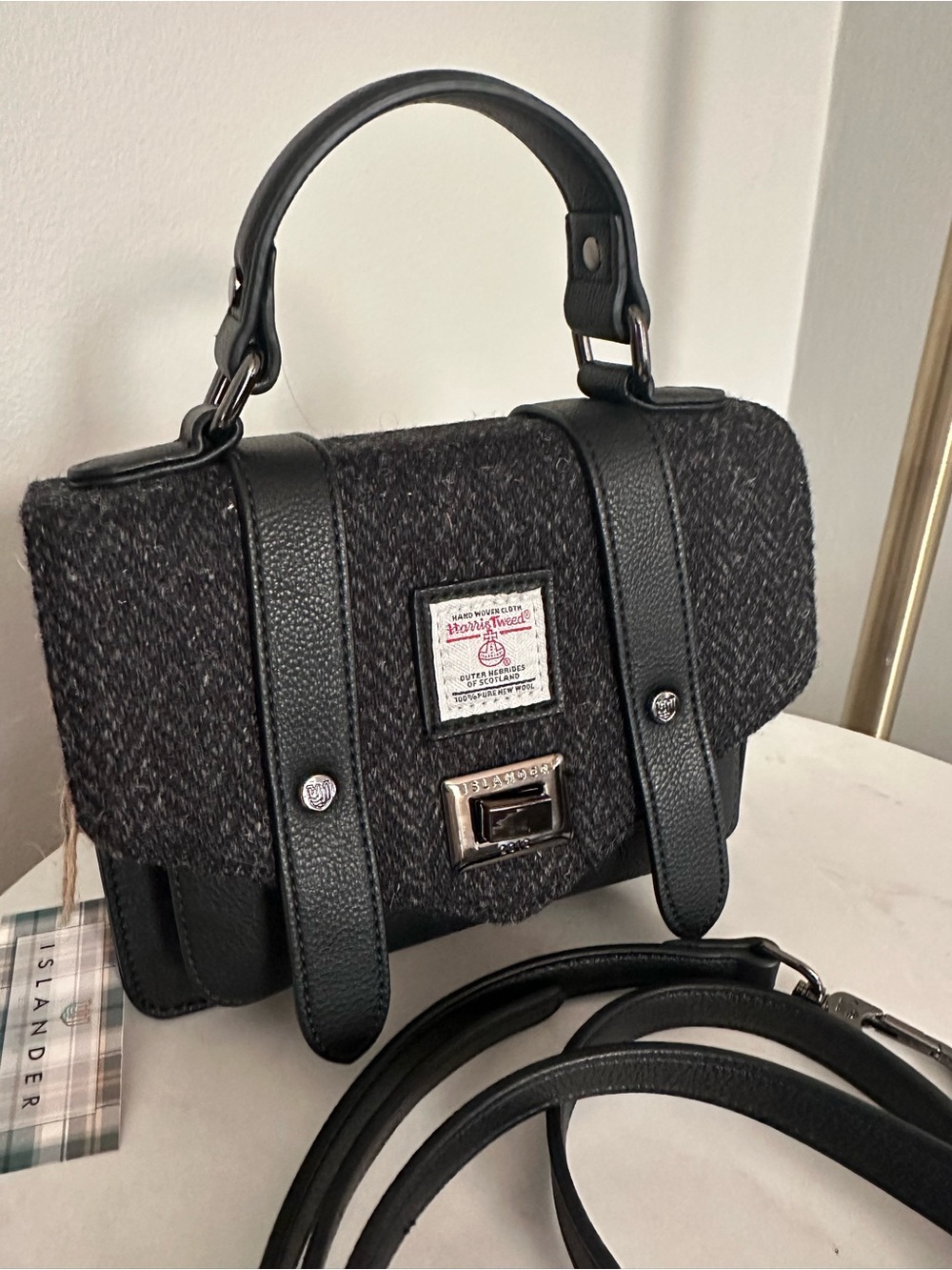 NWT Islander Harris Tweed Mini Satchel Black Herringbone Crossbody Bag